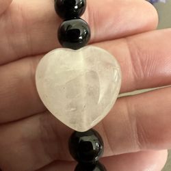 New, Beautiful Clear Quartz And Black Onyx Stone Bracelet. Jewelry Bag And Meanings Included.