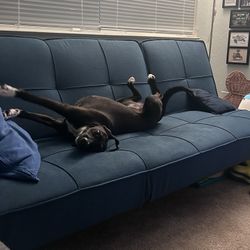 85” Living Spaces Paige Blue Convertible Sofa Chaise Sleeper