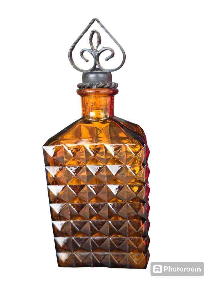 Diamond Cut Amber Glass Decanter from Spain