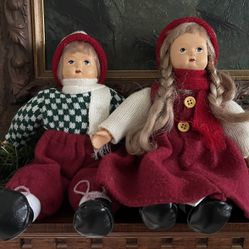 Vintage  Anco Porcelain Dolls—9” Girl & Boy in Winter Wear—Excellent