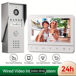 Video Doorbell Phone, Wired Video Intercom System, With 1-Camera And 1-Monitor, 7 Inch, Night Vision, One Key Unlock, 2 Way Audio, For Villa House, Of