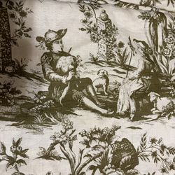 Vintage Linen Toile Pastoral French Country Green/Cream Fabric 3 Yrd Piece (122” X 58”)