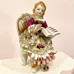 Vintage Porcelain Sitting Girl Ruffles Gold Edged Dress Holding Book Antique