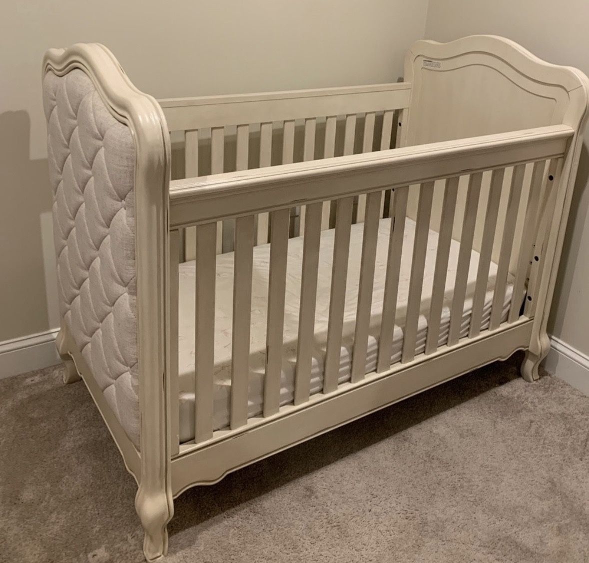 Bertini Tinsley 3-in-1 Upholstered Crib + Matching Changing Table Topper – Elegant Nursery Set