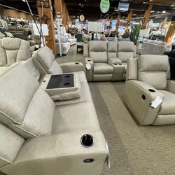 Pebble Manual Reclining Sofa Love Set With Drop-down Table And Console