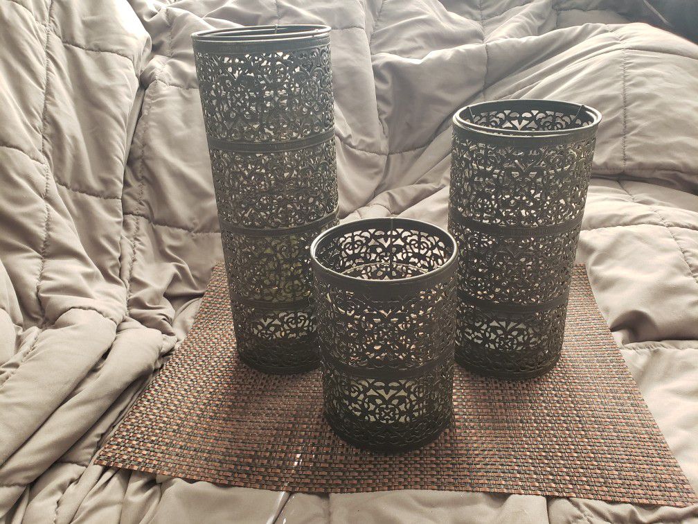 Three Metal And Glass Candle Holders 