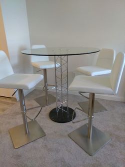 Modern Glass Top Dinette with White Leather Swiveling Bar Style Seats