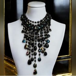 JOAN RIVERS Classic Collection Black Aurora Borealis Waterfall Necklace 