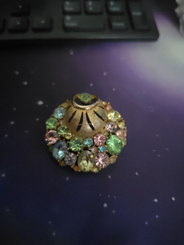 Vtg Green Pink Blue Spring Pastel Sparkling Rhinestone Gold Pin Brooch