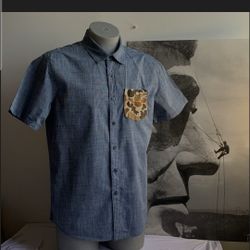 Blue Cotton Button Down with Camo Pocket L