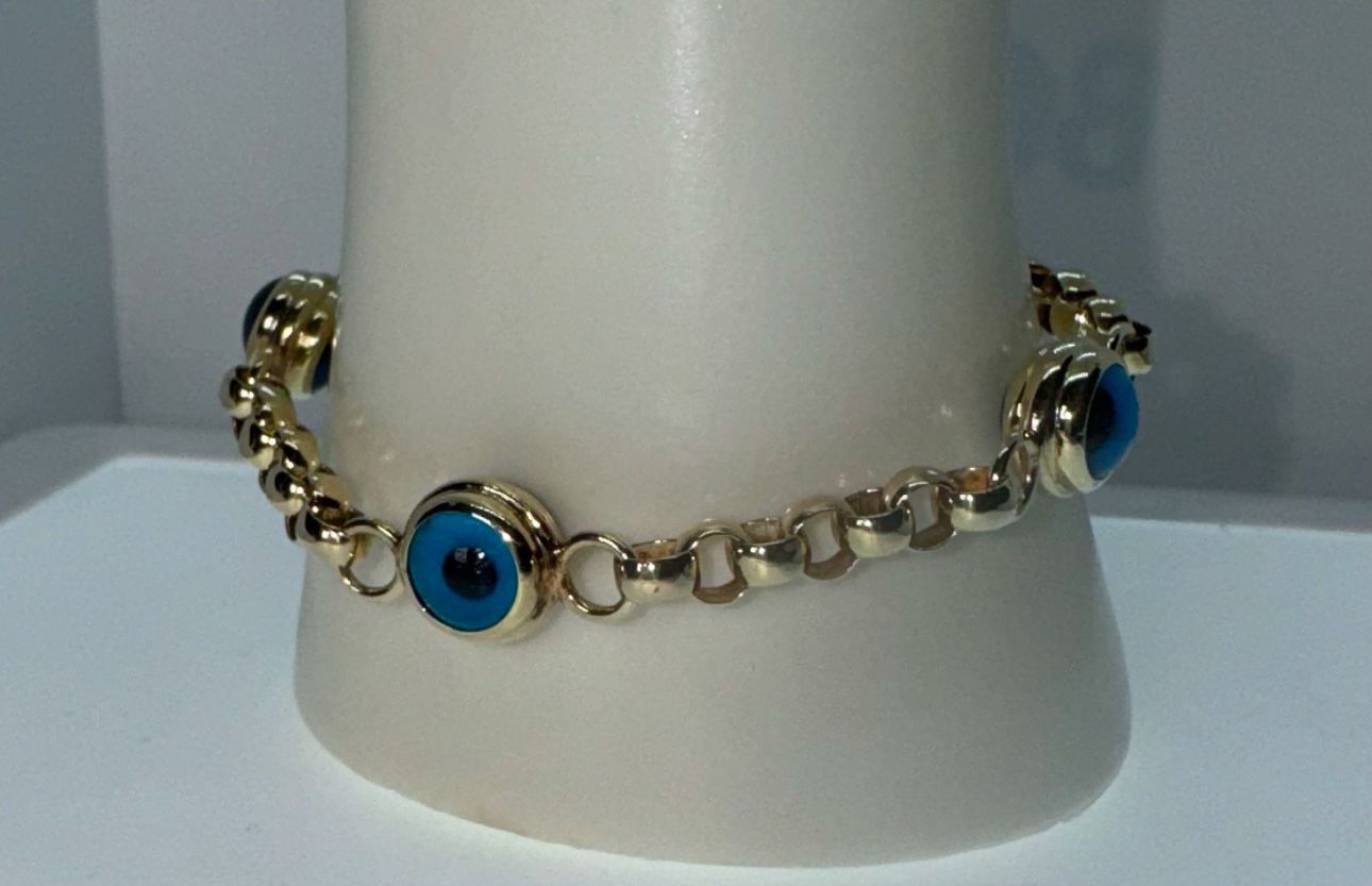 NEW, HEAVY 14k Solid Gold Eye of Nazar Blue Evil Eye Rolo Chain Link Bracelet.  1/2oz  (15.7g) SOLID 14k GOLD  7.5"