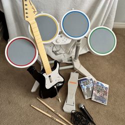 Nintendo Wii RockBand Set -complete With Drum Kit, Fender Stratocaster Guitar, Drumsticks, Microphone & RockBand Game Disc, RockBand 3 Game Disc