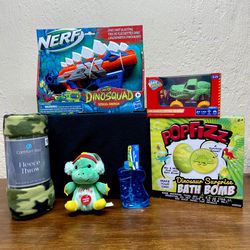 All New Items: Dinosaur Themed Gift Bundle- Plush, Blanket, RC, Nerf, Bubbles & Bath Bomb Kit W Surprise 