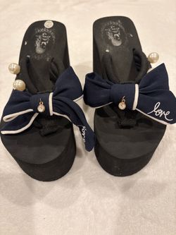 Lian Xia Bow Accent Platform Thong Sandals with Pearl Charm Accent