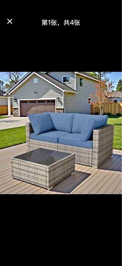 Nestle 3 Pieces Wicker Patio Conversation Seating Sofa Set with Denim Blue Cushions and Coffee Table HOP300S-1B