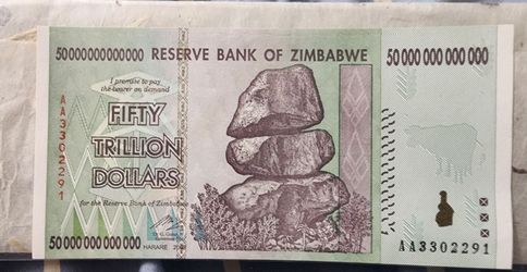 An authentic 2008 Zimbabwe 50 Trillion Dollar banknote