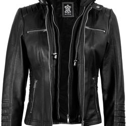 Woman’s (L) Real Leather Jacket With Removable Hoodie 