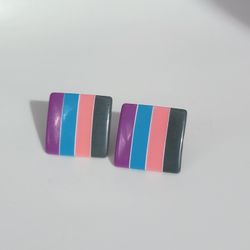 Vintage Pair of 1980s Plastic Pink Purple Hue Square Earrings Pierced .75"
