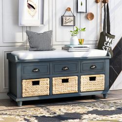 Rustic Storage Bench With 3 Drawers And 3 Rattan Baskets