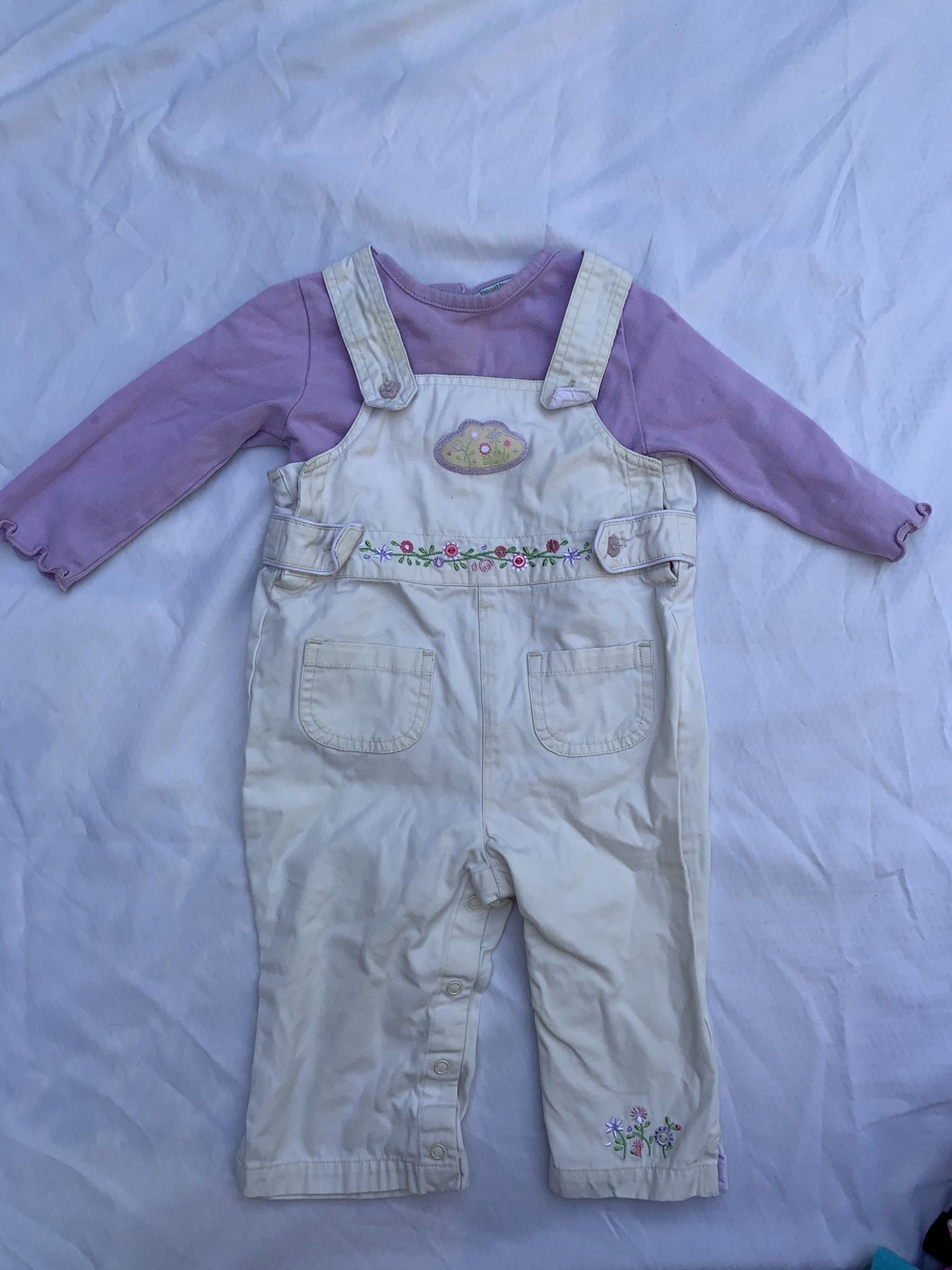 Baby girls 2 piece lot purple & khaki overalls size 12 months snap crotch