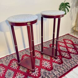 Vintage Marble Top Wooden Side Table / Plant Stand