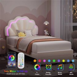 Twin Size Bed Frame with Storage & LED Light, Velvet Upholstered Platform Twin B