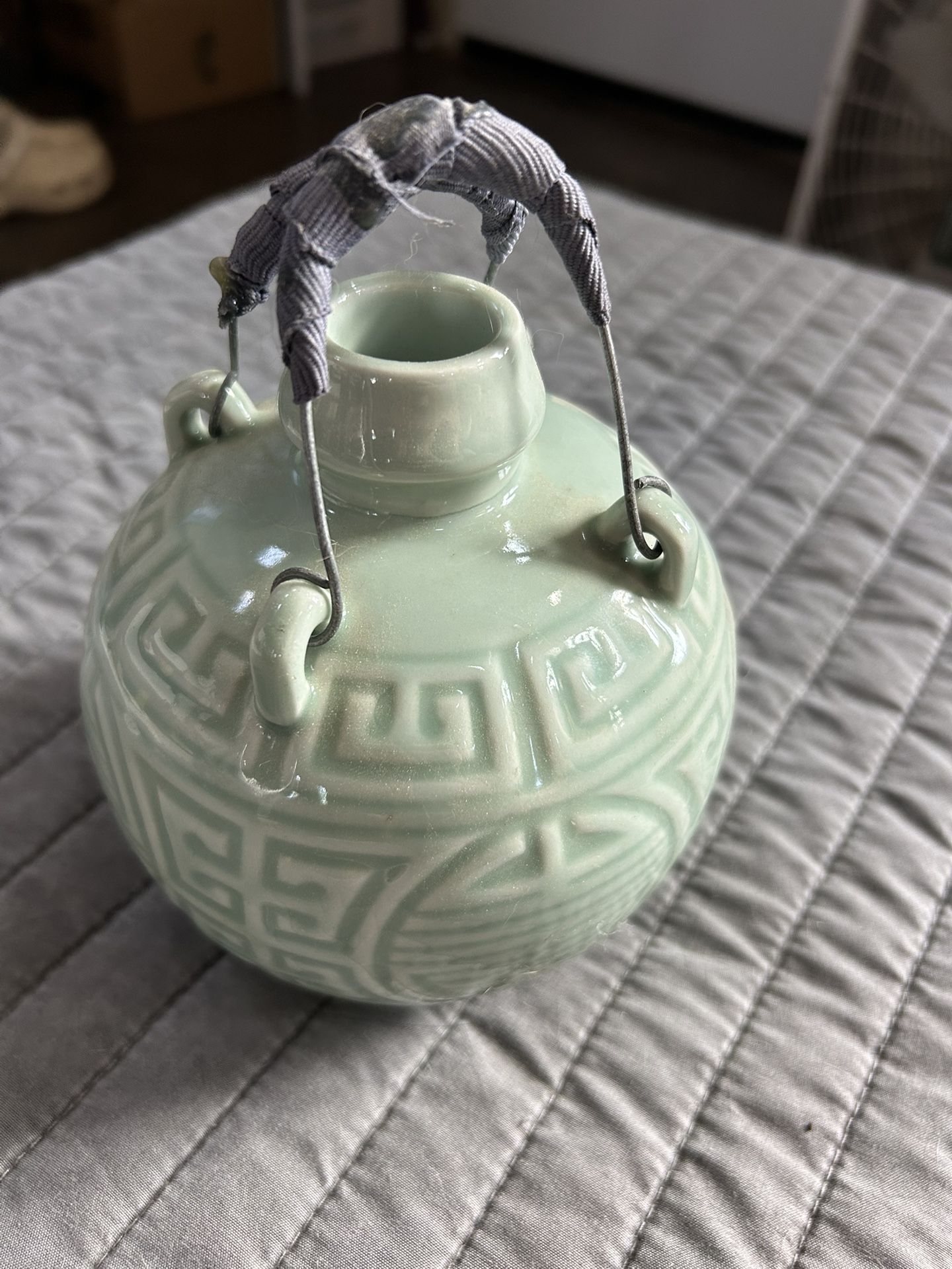 Chinese Green Celadon Red Daughter Round Wine Bottle