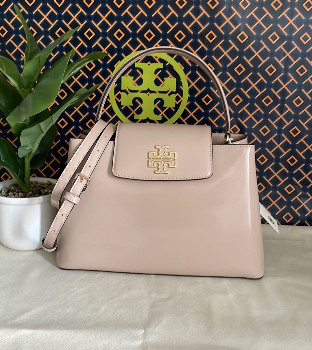 New, tory burch Britten patent small satchel crossbody handbag , devon sand