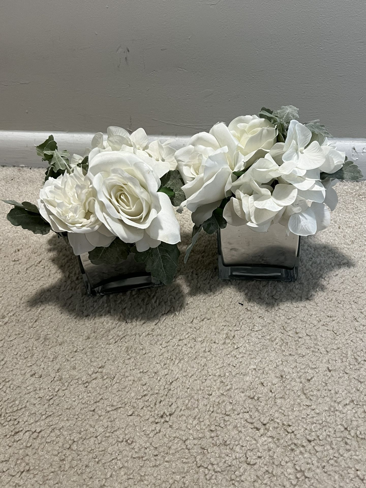 2 White Artificial Flower Vases