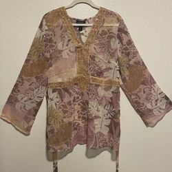 Lane Bryant Semi Sheer Embellished Floral Pink Tie Back Blouse | Tunic | Shirt