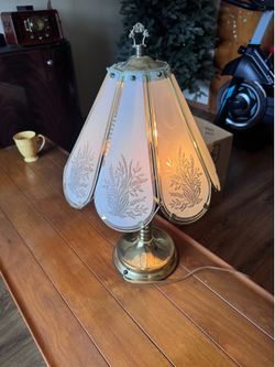 Vintage Brass Touch Lamp with Floral Glass Panels