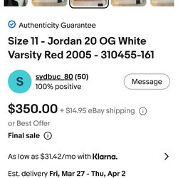 Size 11 - Jordan 20 OG White Varsity Red 2005 - 310455-161 make me an offer