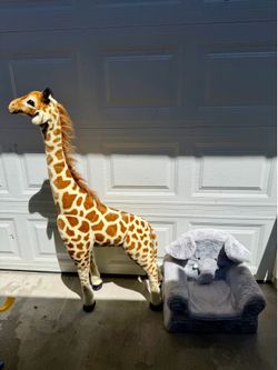 Giant Plush Giraffe with Elephant Chair