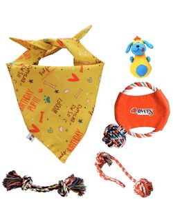 Dog Birthday Bandana for Boy or Girl Plus Set of 5 Dog Toys