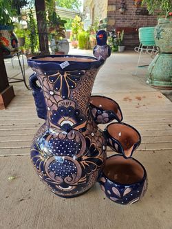 Talavera Dark Blue Rim Water Fountain. Clay Pots, Planters,Pottery,Plants.
