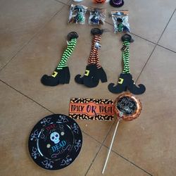 Halloween Decor Bundle - Witch Legs, Signs + Day of the Dead Plate