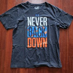 Under Armour "Never Back Down" grey and blue graphic