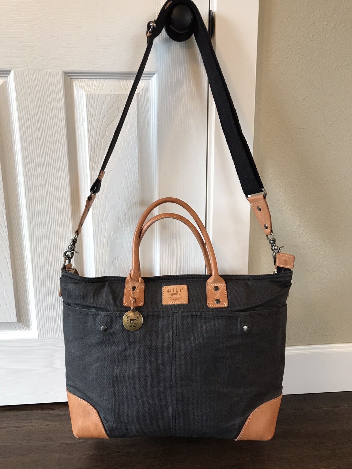 Will Leather Goods Black & Tan Wax Canvas Laptop Tote Bag