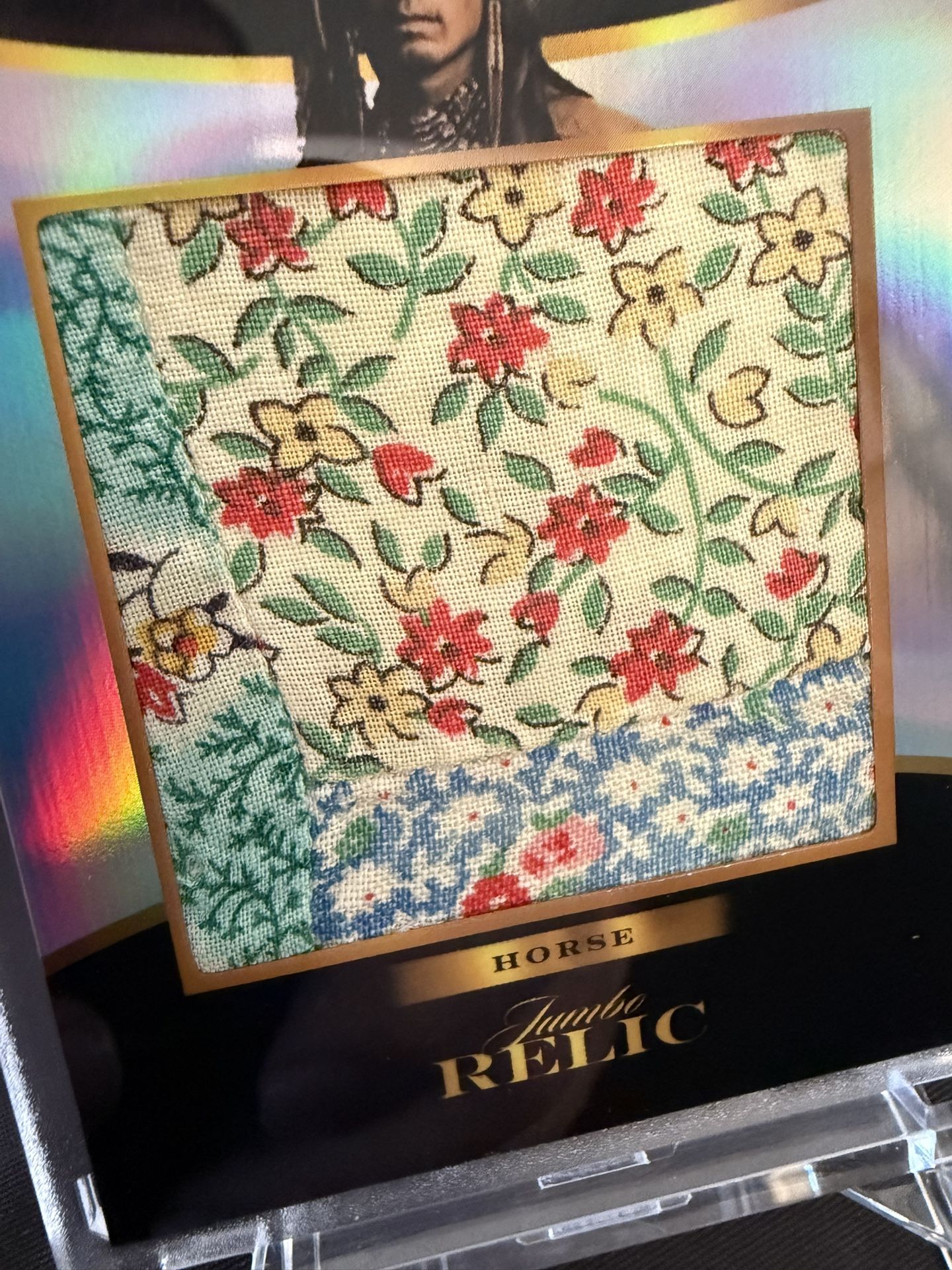 Pieces of the Past Wild West Edition Relic card featuring the Lakota war leader Crazy Horse. The small square of fabric in the center is an authentic