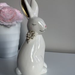 White Ceramic Bunny Figurine with Gold Accents