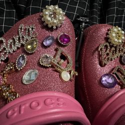 Pink Glitter Crocs with Charms Size J5