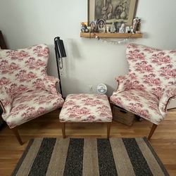 Pair Of Vintage Wingback Armchair With Ottoman 