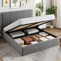 Queen Size Lift Up Storage Bed Frame, Adjustable Headboard, Hydraulic Support, Velvet Upholstered, Easy Installation, No Box Spring Needed, Gray