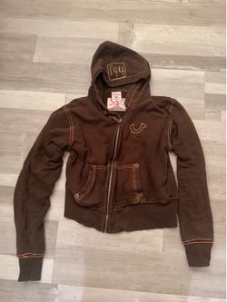 Brown True Religion zip up hoodie with orange stitching