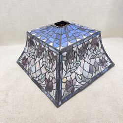 Tiffany Style Stained Glass Lamp Shade Floral Blue Purple 15” Square