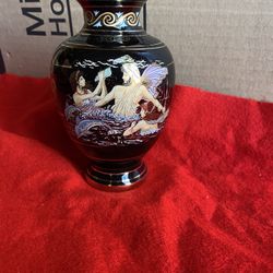 6 Inch 24k Black & Gold Handmade In Greece Ceramic Greek Vase Imported From Greece