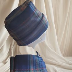 New Blue  Plaid Fleece Pillbox Hat/Scarf Set Adult sz Hand Crafted