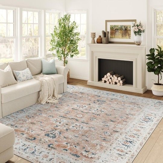 jinchan Area Rug 6x9 Living Room Rug - Washable Vintage Large Boho Floral Floor Cover Lightweight Low Pile Thin Non-Slip Retro Distressed Carpet for B