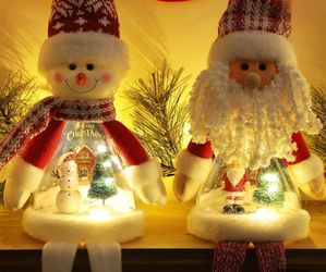 Juegoal 2-Pack Lighted Christmas Santa & Snowman Plush Shelf Sitter Figurines