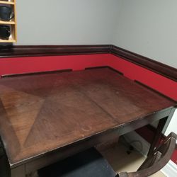 I have a table Made By Ashley with 3 chairs:
58inch length
40in width
31in height. 
6 chairs matching, another leaf (haven't personally used the leaf,